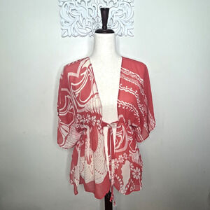 FOREVER Women's SMALL Sheer Top Poncho Coverup Tie Front Polyester RED Made USA